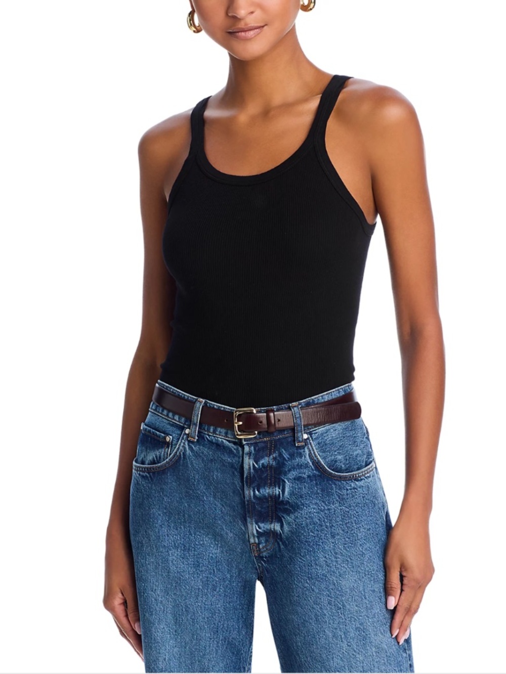 Re/Done Ribbed Basic Scoop Neck Black 100% Cotton Tank Top, Women's Small